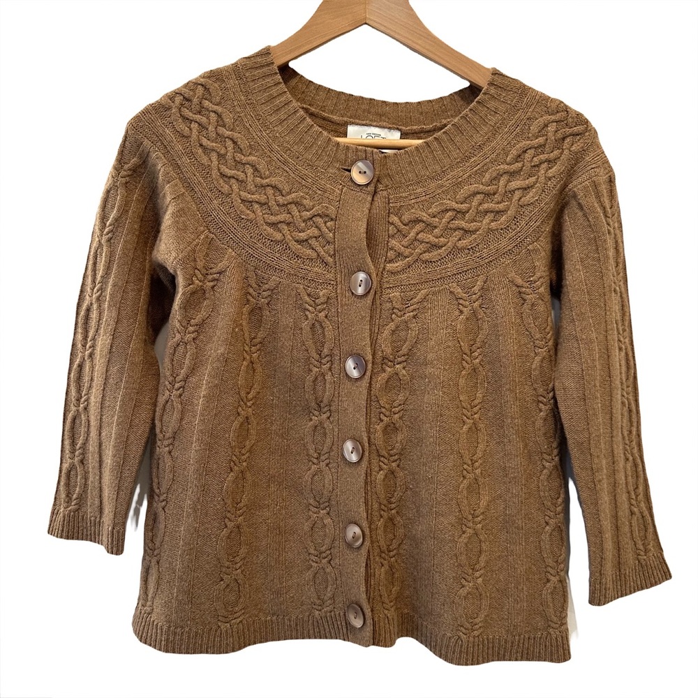 LOFT Wool-Cashmere Blend Tan Cardigan Cable Knit Sweater Button Down Siz…